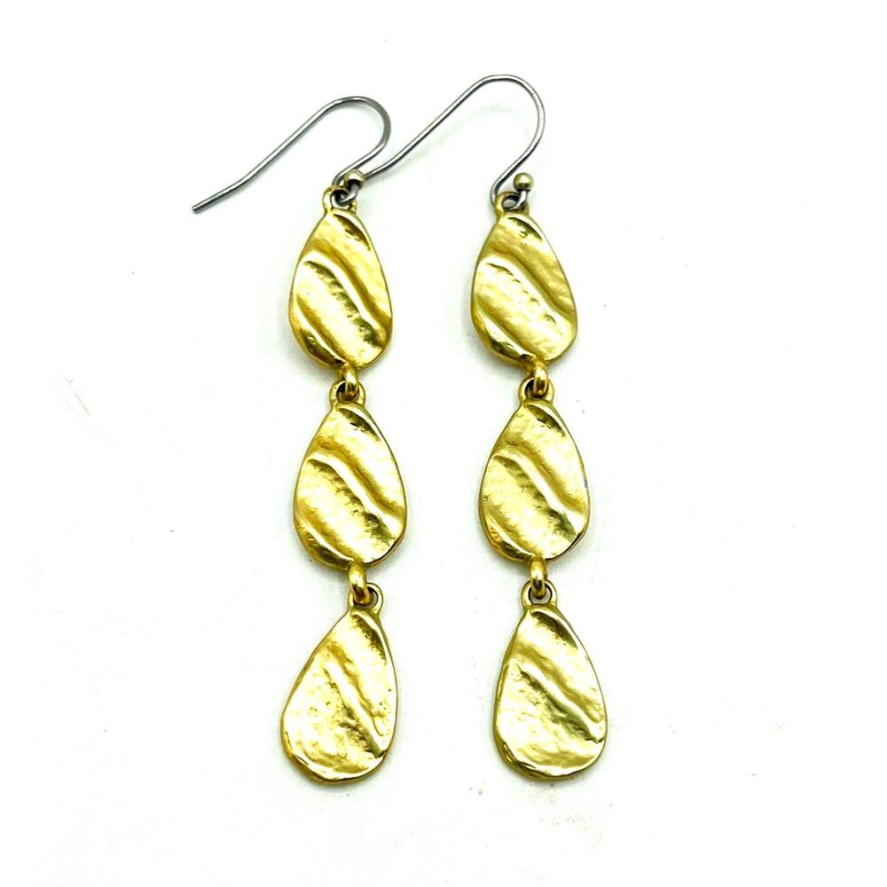 Vintage MONET Textured Matte Gold Tone Modernist Dangle Drop Post Earrings 2.50"